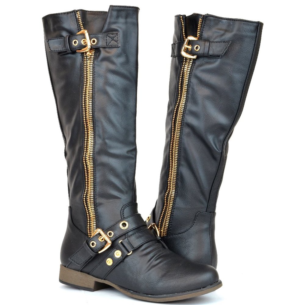 Women Combat Low Knee High Boots Golden Zipper And Buckle Decor Black